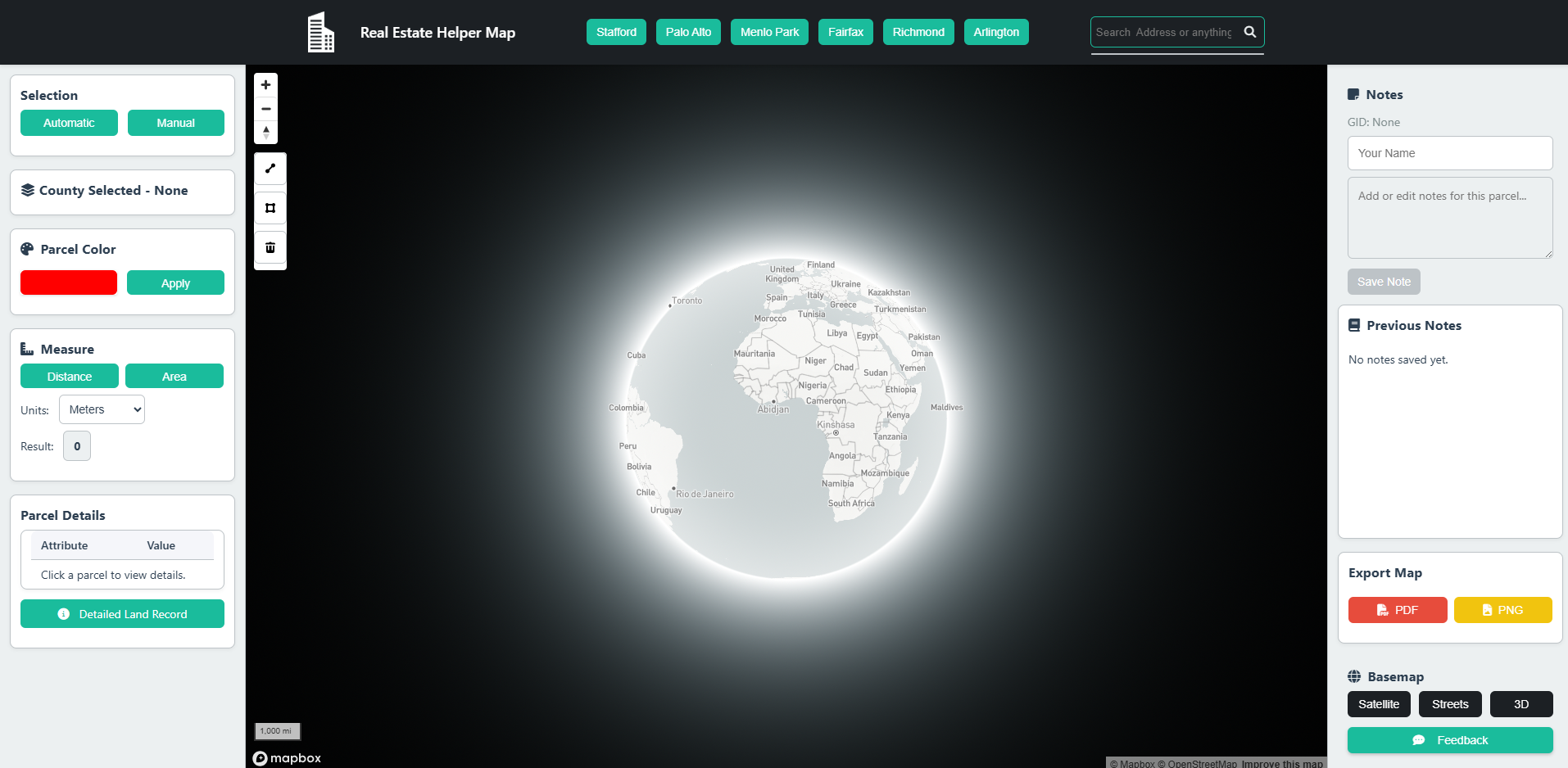 Mapbox real-estate parcel WebGIS landing surface.